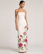 Rose Embroidered Strapless Long Dress - Pure White