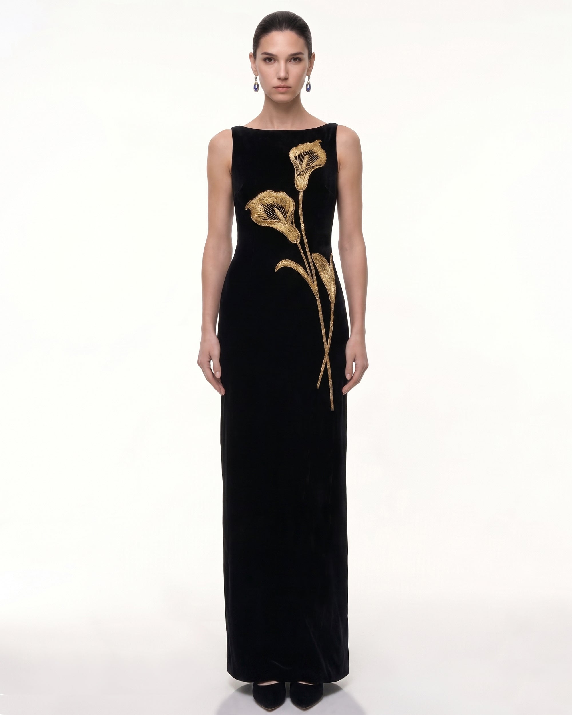 Calla Lily Embellished Velvet Column Maxi Dress - Black