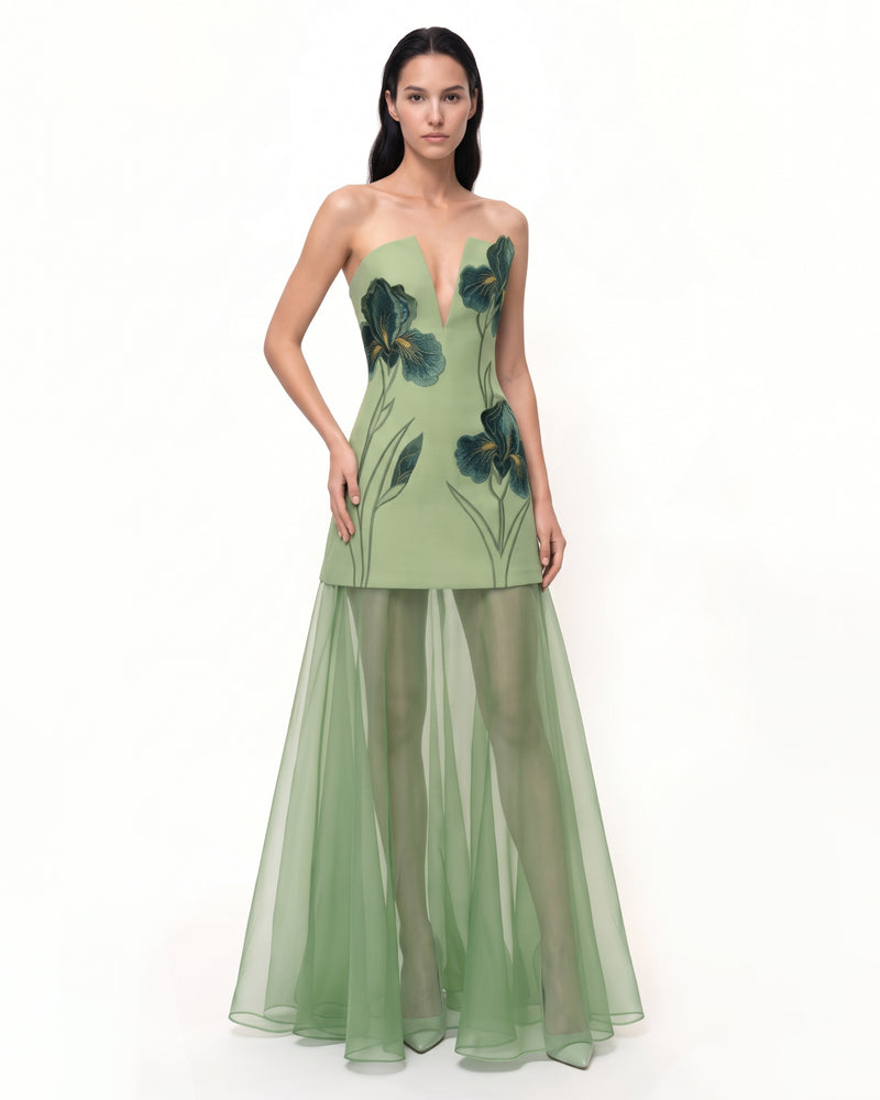 Iris Embroidered Plunge Sheer Overlay Maxi Dress - Sage Green