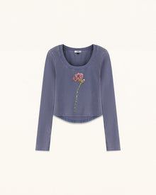 Rhinestone Rose Scoop Neck Curved Cropped Tee - Smokey Slate