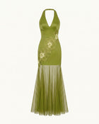 Orchid Embroidered Sheer Hem Halter Maxi Dress - Olive