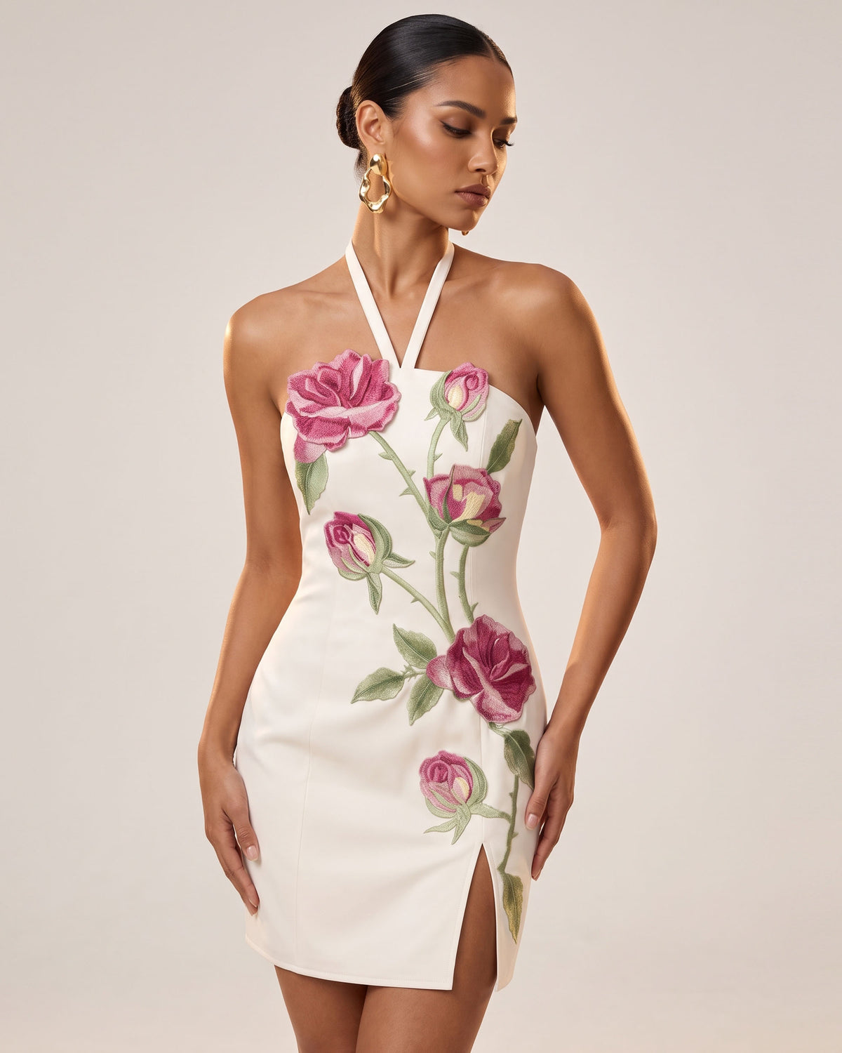 Rose Embroidered Side-Slit Halter Mini Dress - Pure White