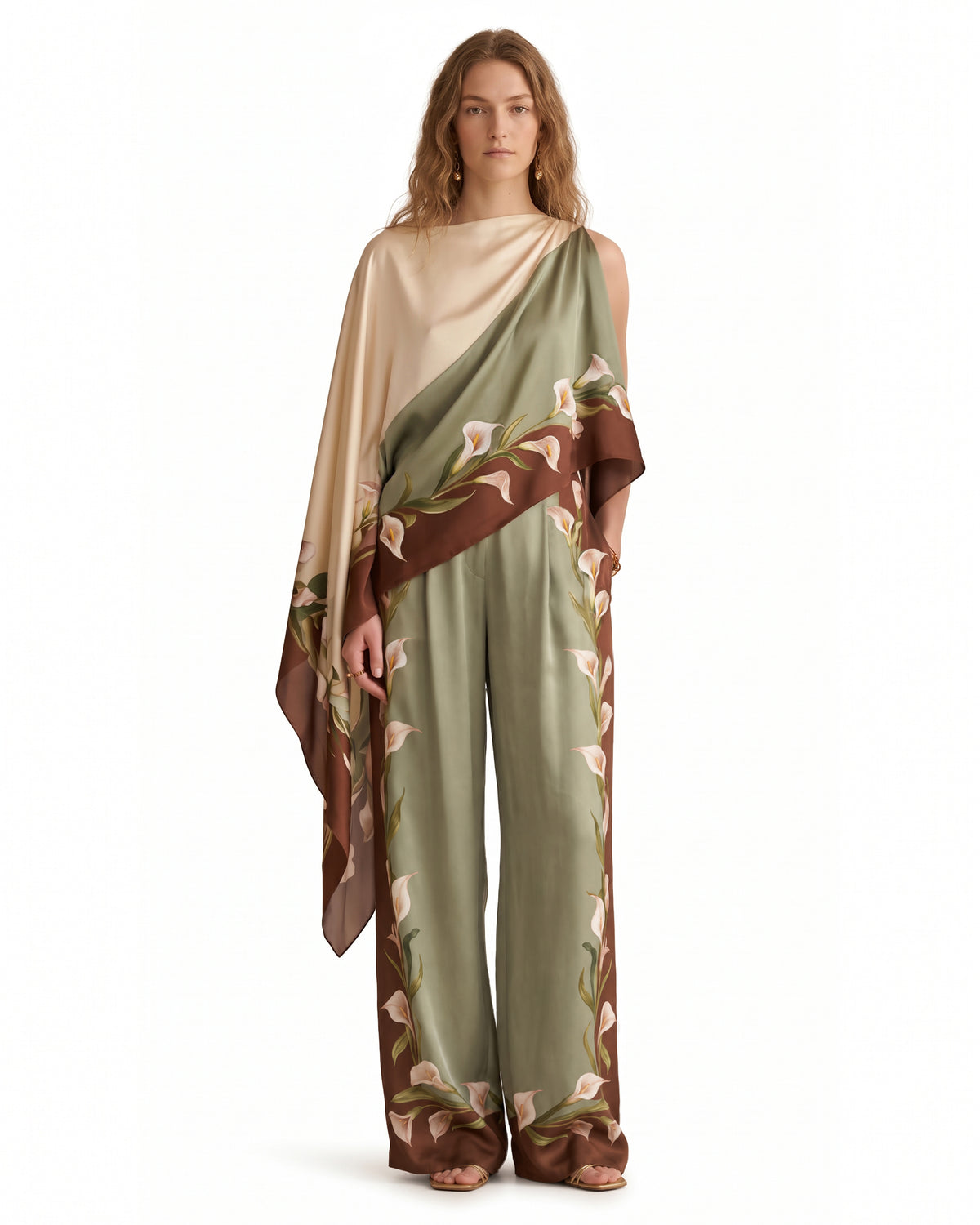 Calla Lily Printed Wide-Leg Satin Trousers - Sage Green