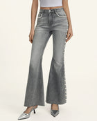 Pearl Trim Side Seam Flare Jeans - Smoke and Mirrors