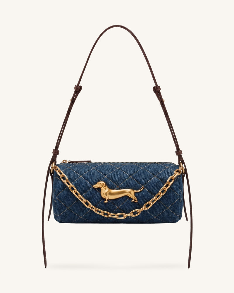 Lucienne Dachshund Quilted Chain Shoulder Bag - Blue Denim