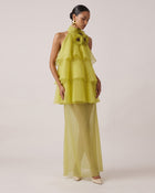 Poppy Embroidered Halter Tiered Ruffle Maxi Dress - Lime Green