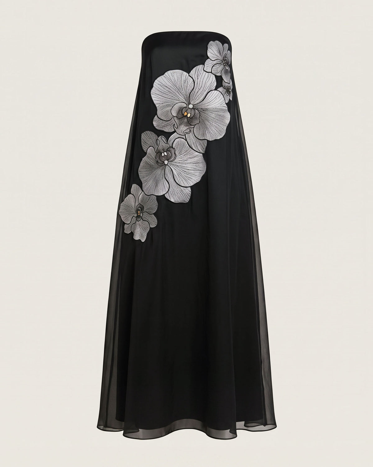 Orchid Embroidered Strapless Flowing Maxi Dress - Black