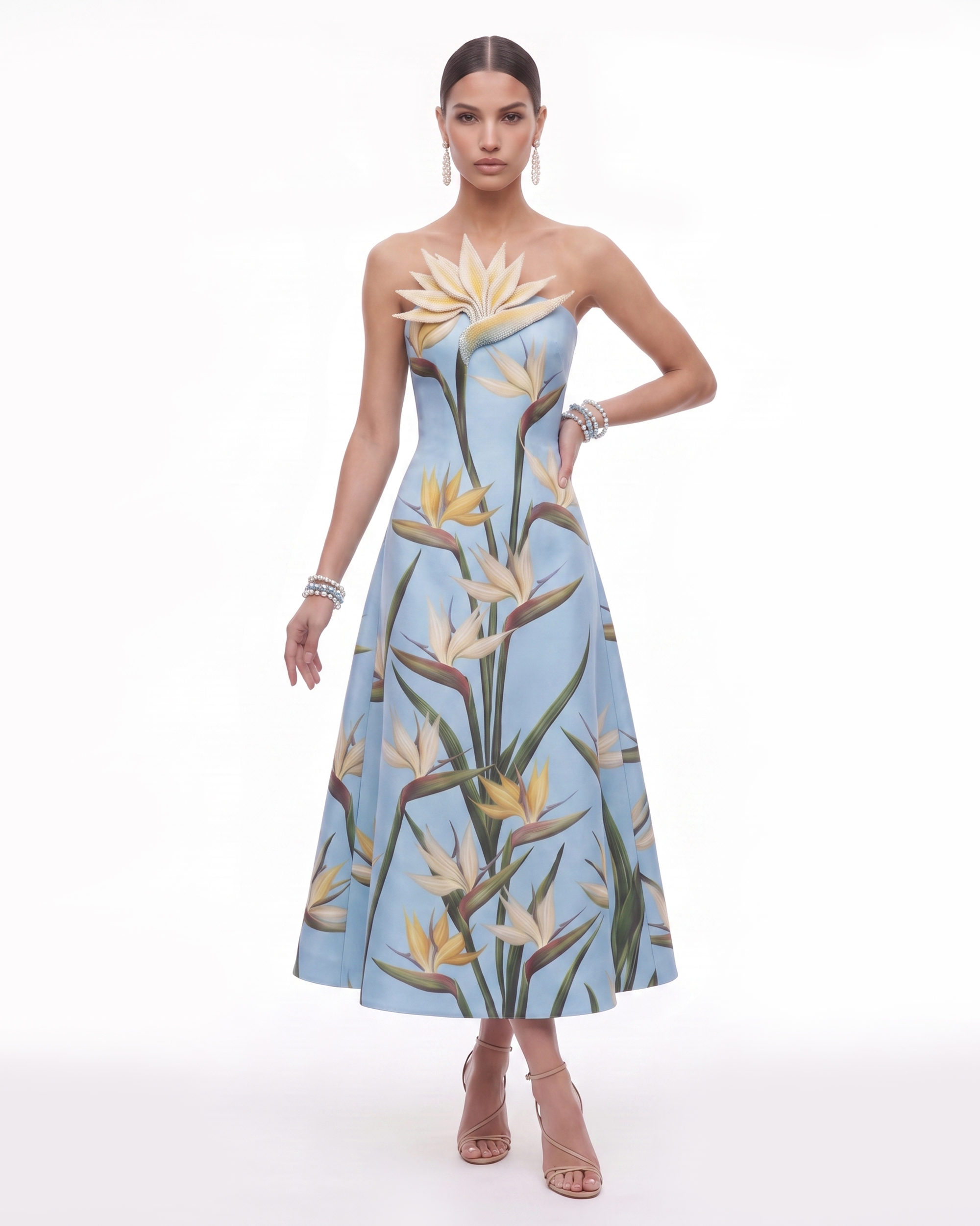 Bird of Paradise Appliqué Strapless A-Line Midi Dress - Light Blue