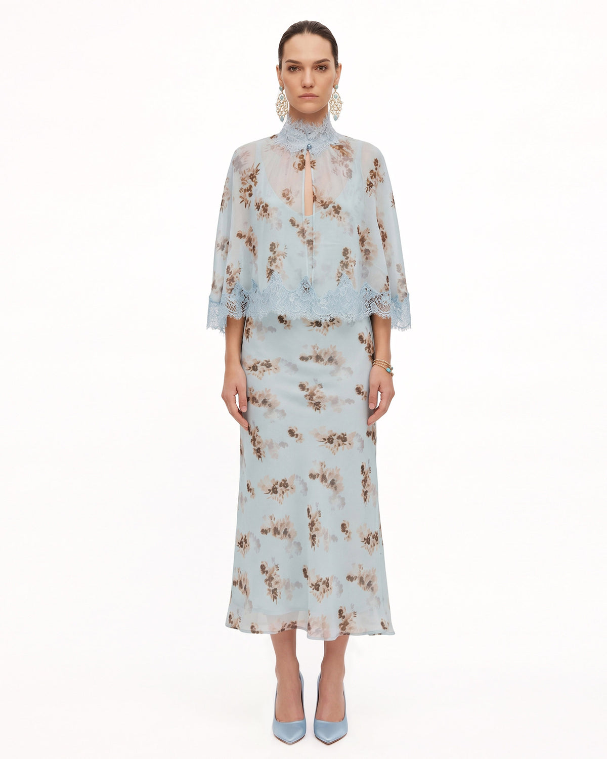 Floral Lace-Trim Cape Set - Light Blue