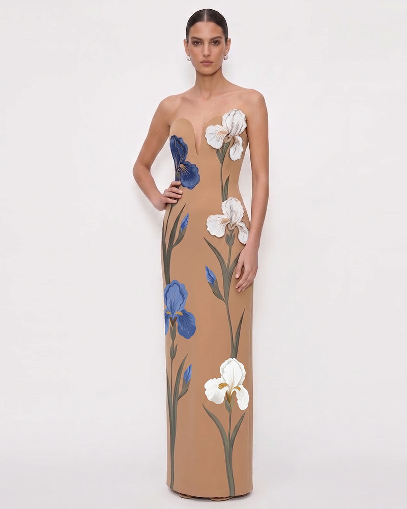 Iris Embroidered 
Notch Neck Strapless Maxi 
Dress - Camel
