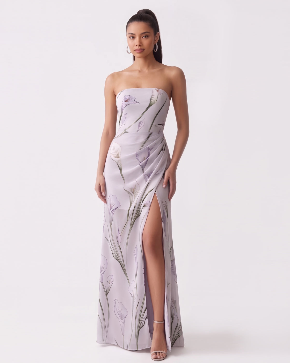 Floral Print Strapless Draped Slit Maxi Dress - Light Gray