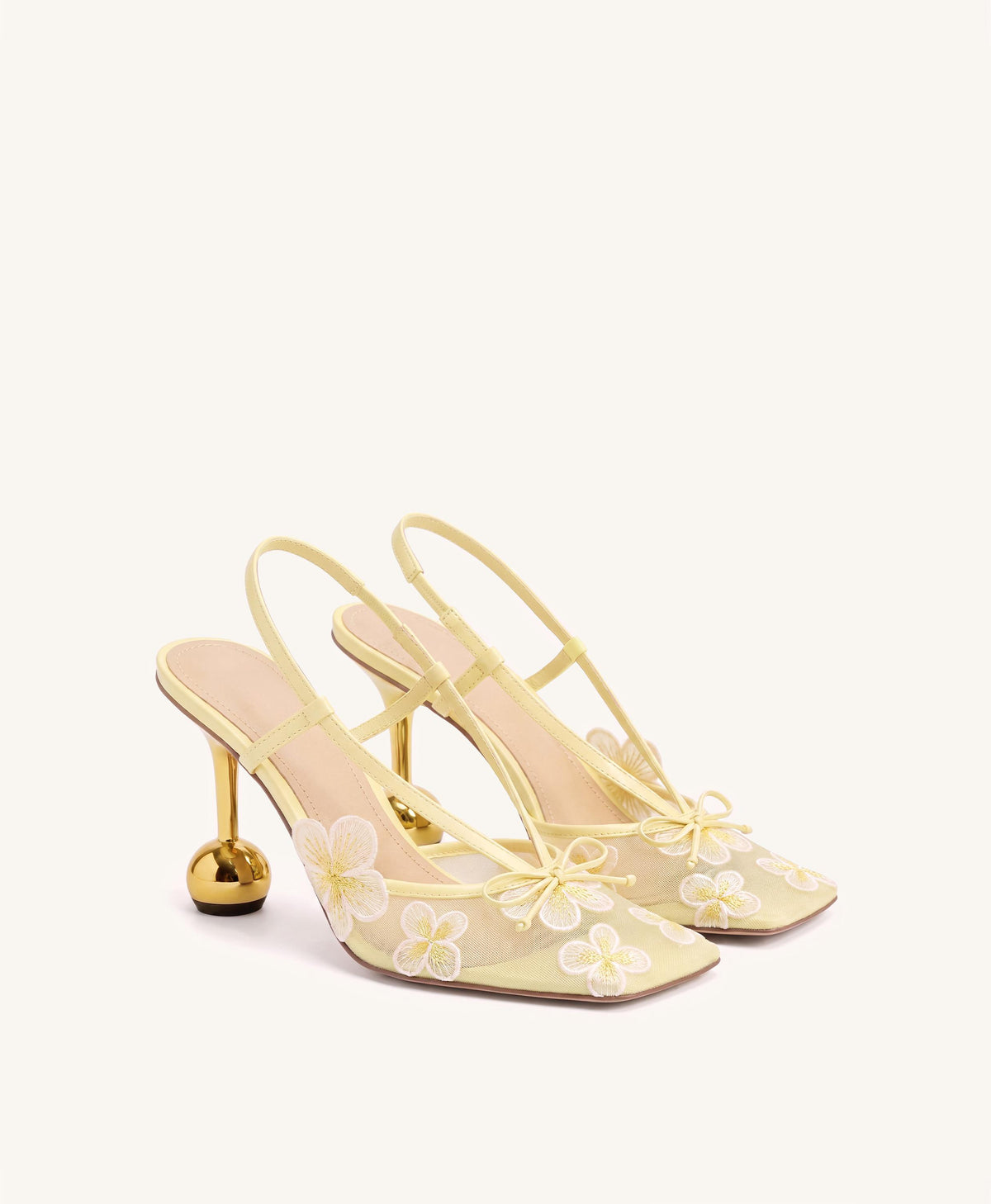 Mireille Floral Embroidered Bow Slingback Pumps - Yellow