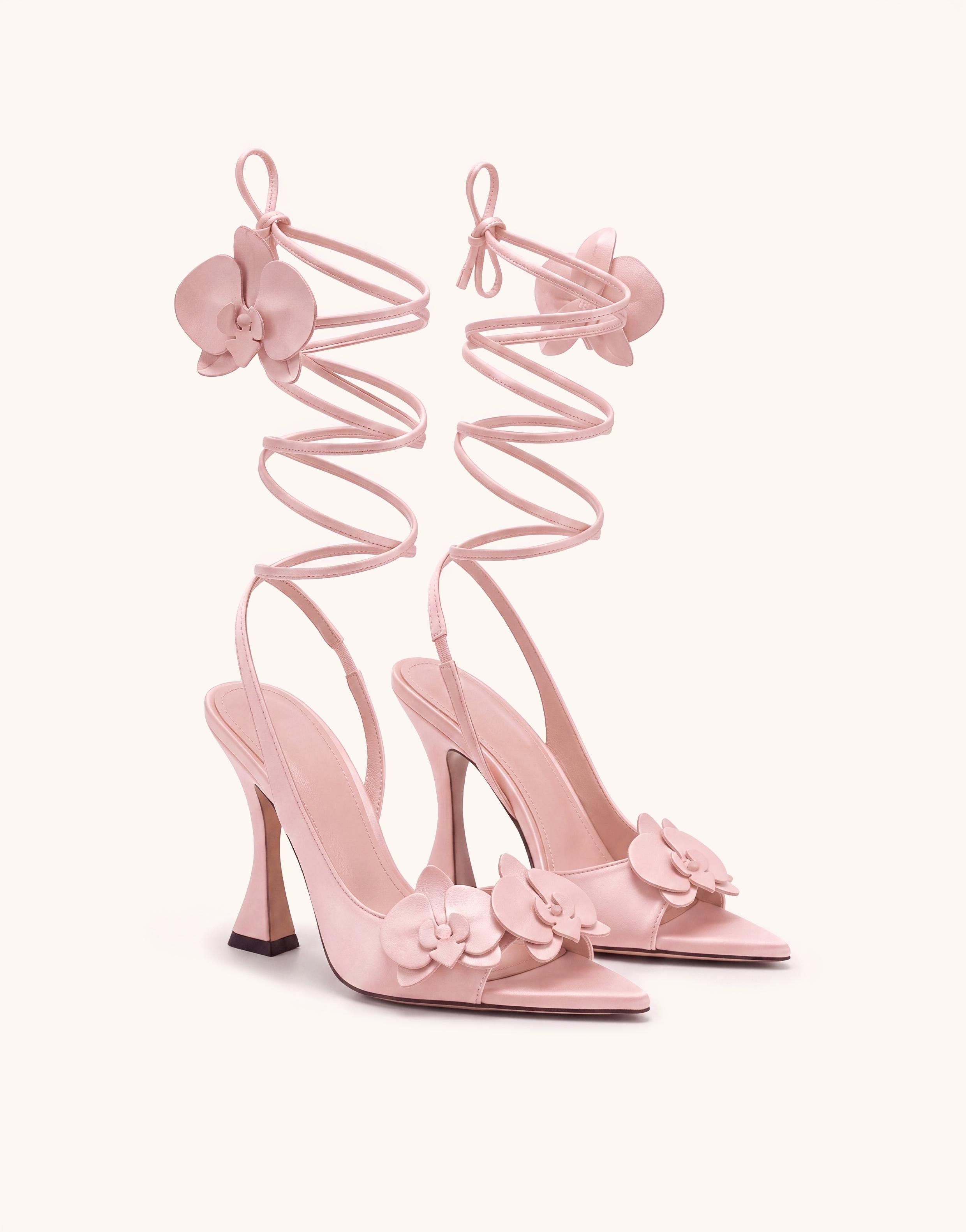 Rosalie Orchid Appliqué Lace-Up Heels - Blush Pink