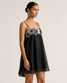 Floral Embroidered Sheer Swing Dress - Black