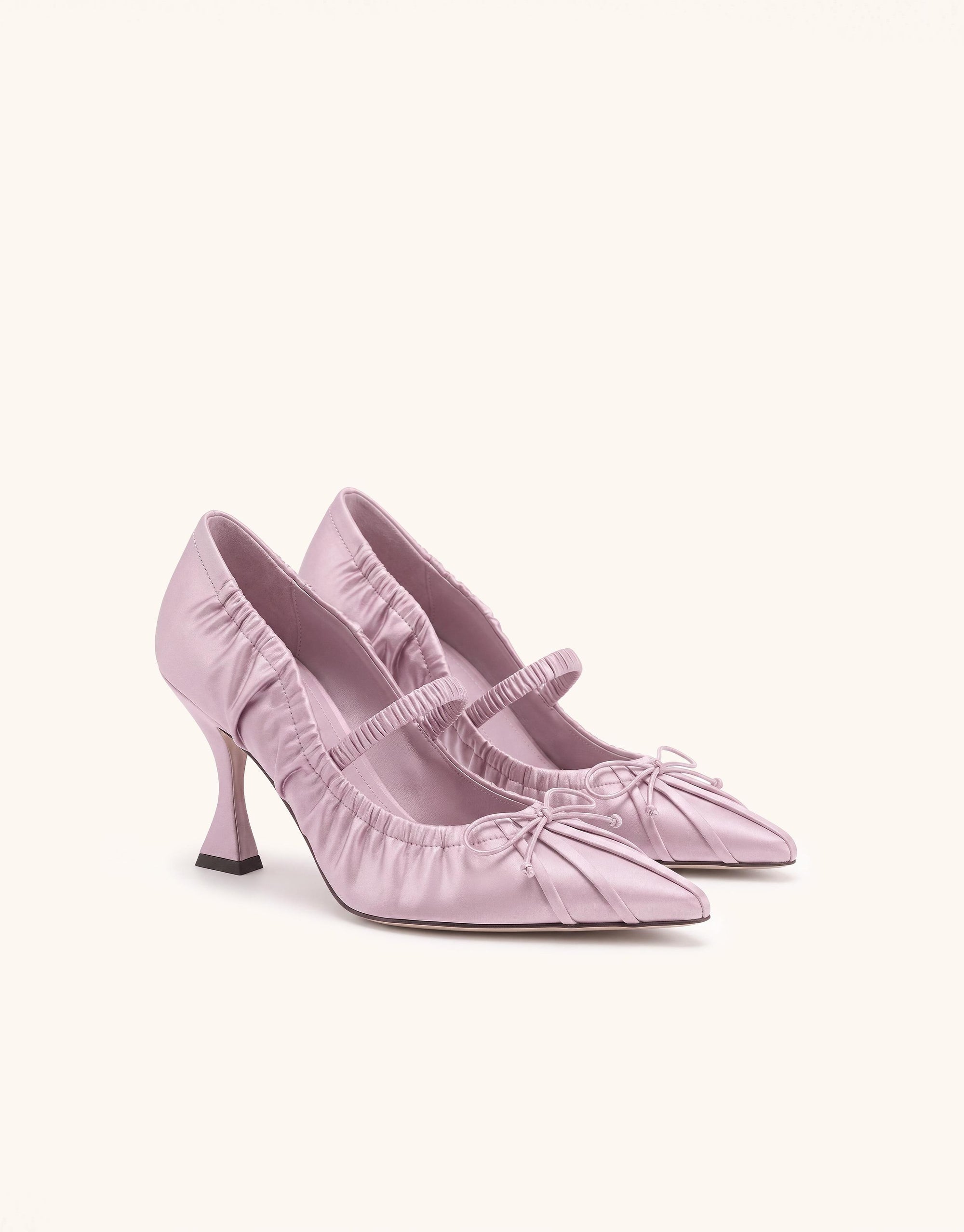 Solenne Satin Bow Ruched Mary Jane Pumps - Lavender