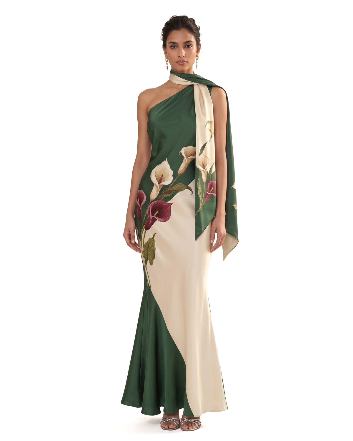 Calla Lily Printed One-Shoulder Scarf Satin Dress - Emerald Green