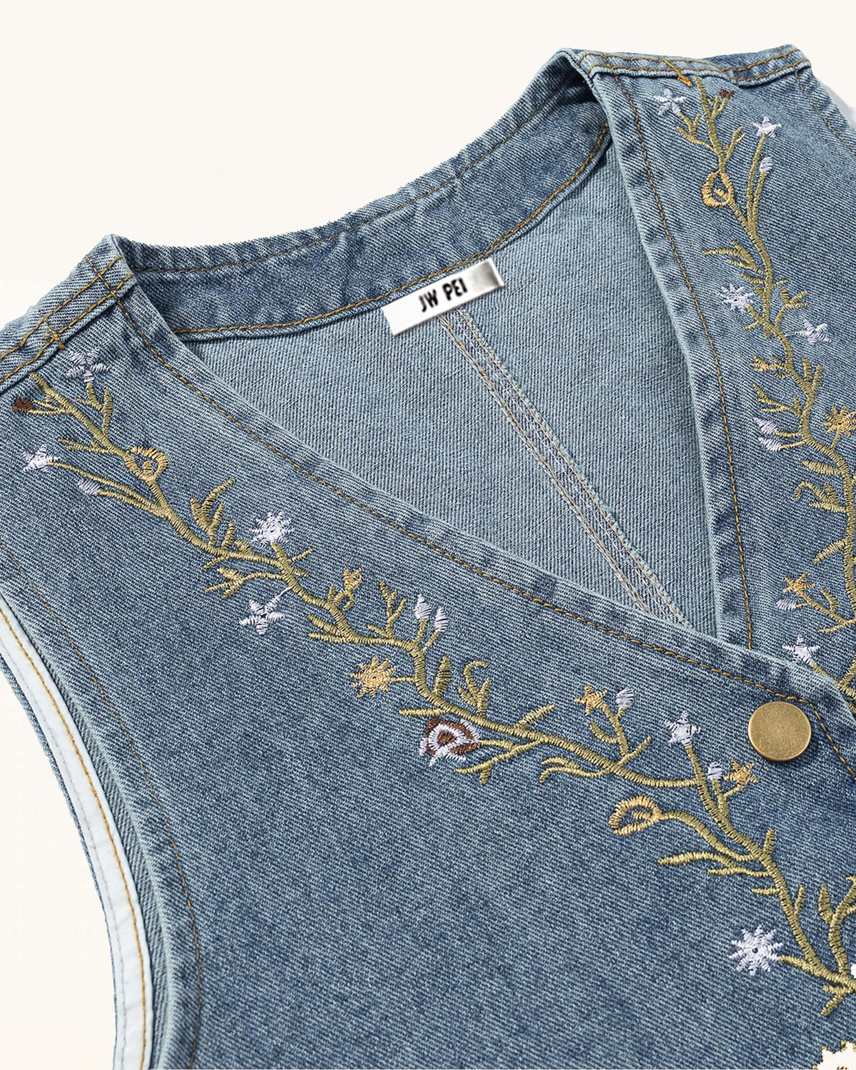 Botanical Vine Embroidered Denim Vest - Light Wash