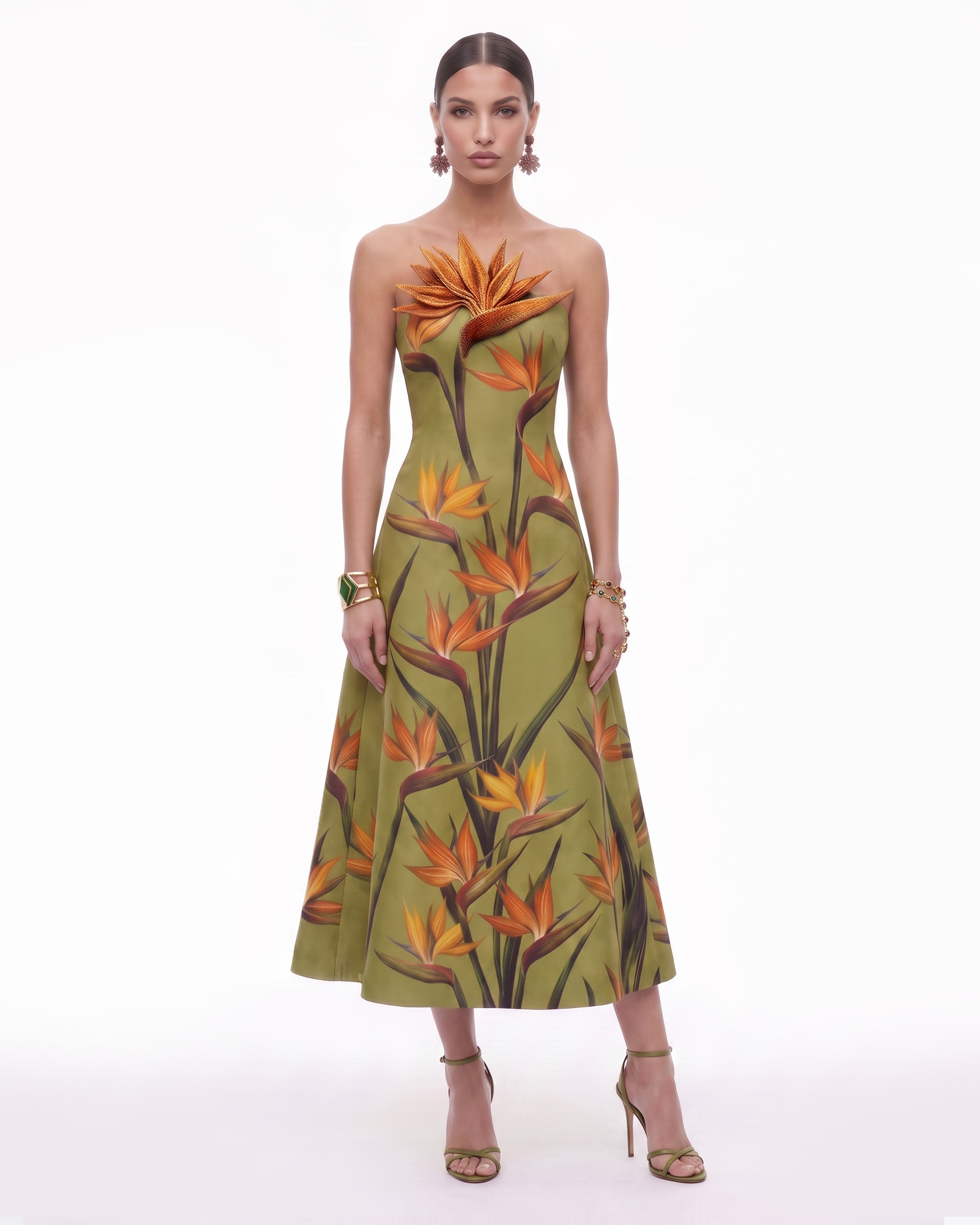 Bird of Paradise Appliqué Strapless A-Line Midi Dress - Olive Green