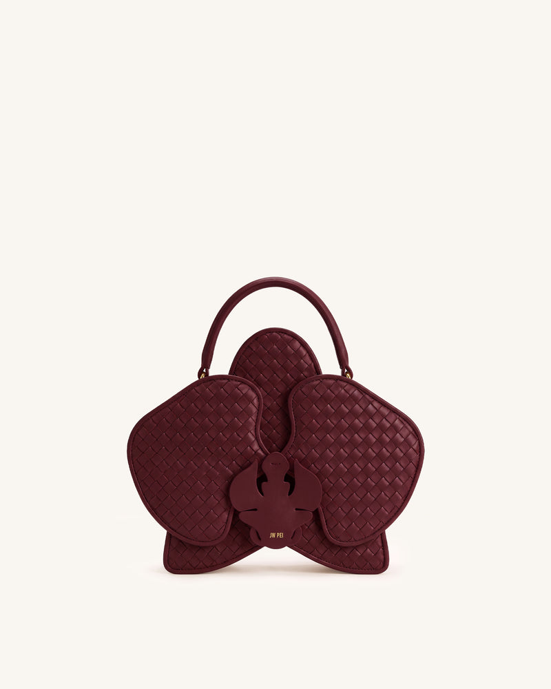 Flora Woven Orchid Shaped Top Handle Bag - Burgundy