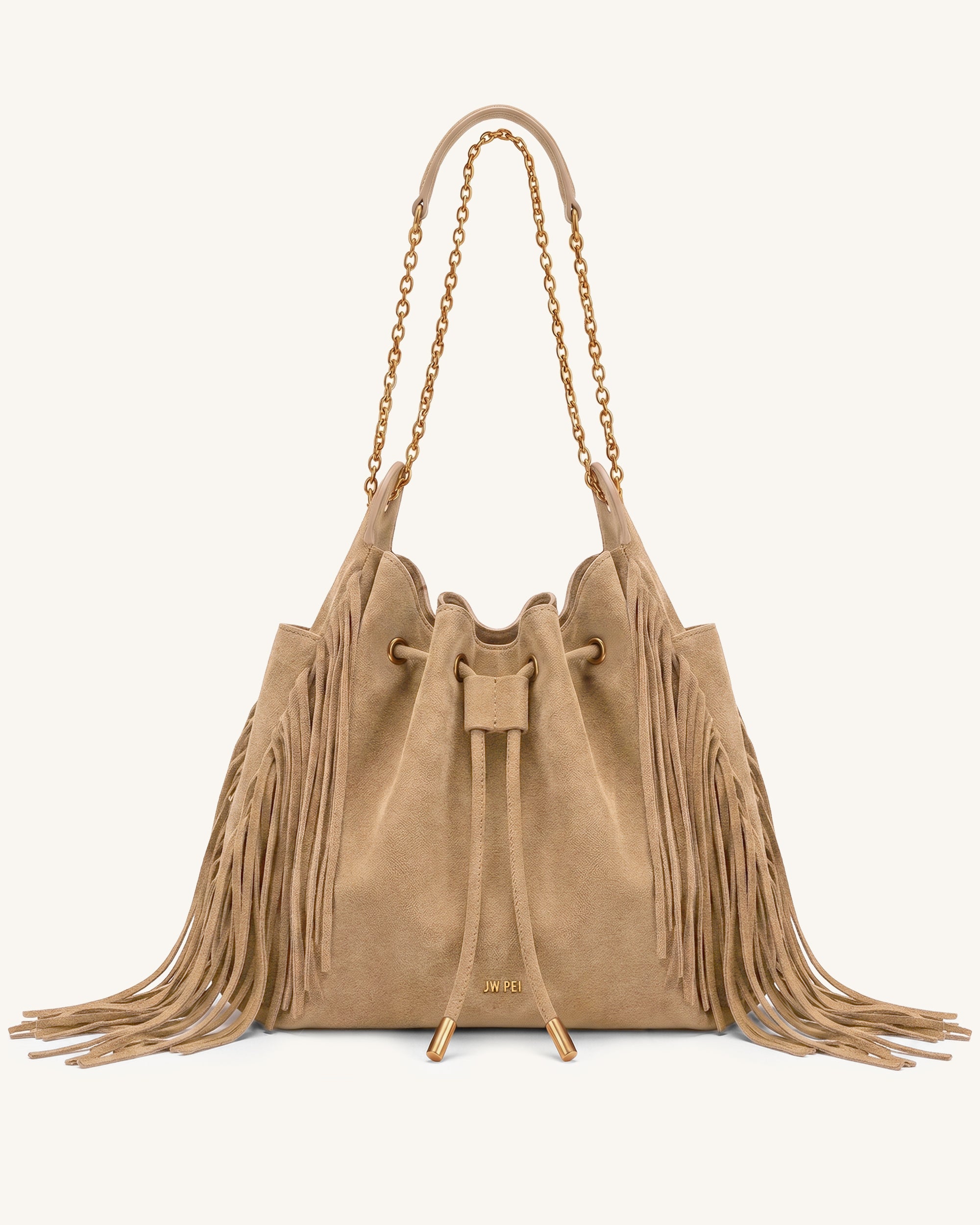 Rowan Faux Suede Tassel Ruched Drawstring Chain Bucket Bag - Oat Brown