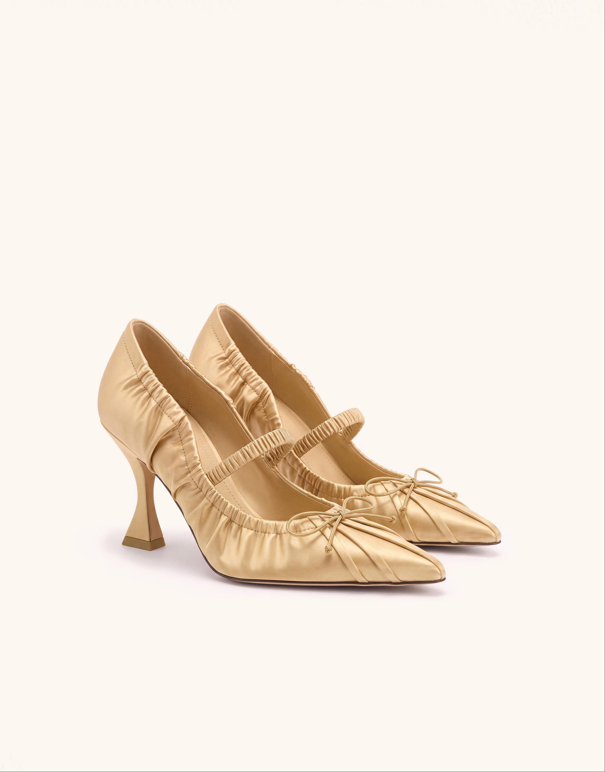 Solenne Satin Bow Ruched Mary Jane Pumps - Champagne