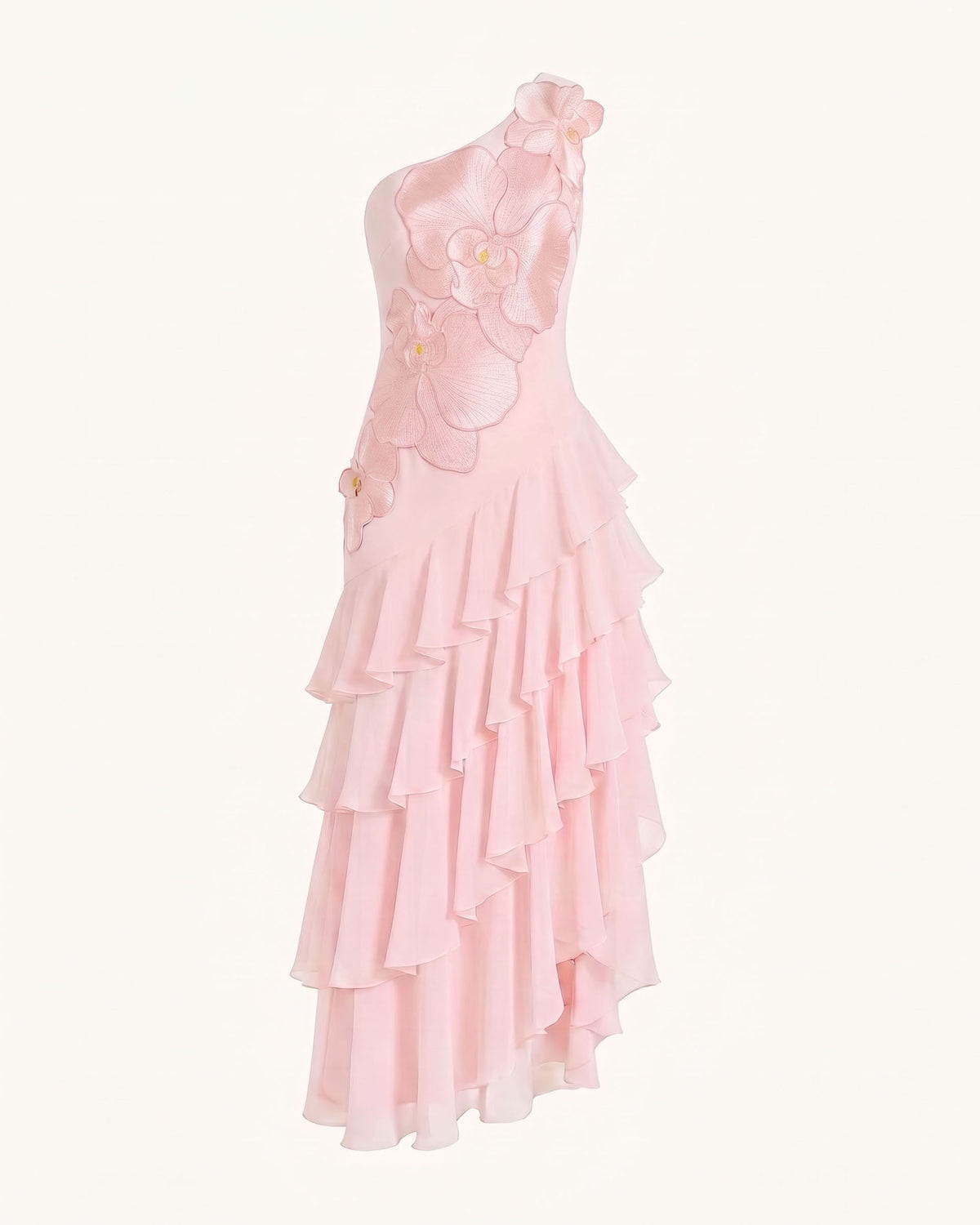 Orchid Embroidered One Shoulder Ruffle Maxi Dress - Pink