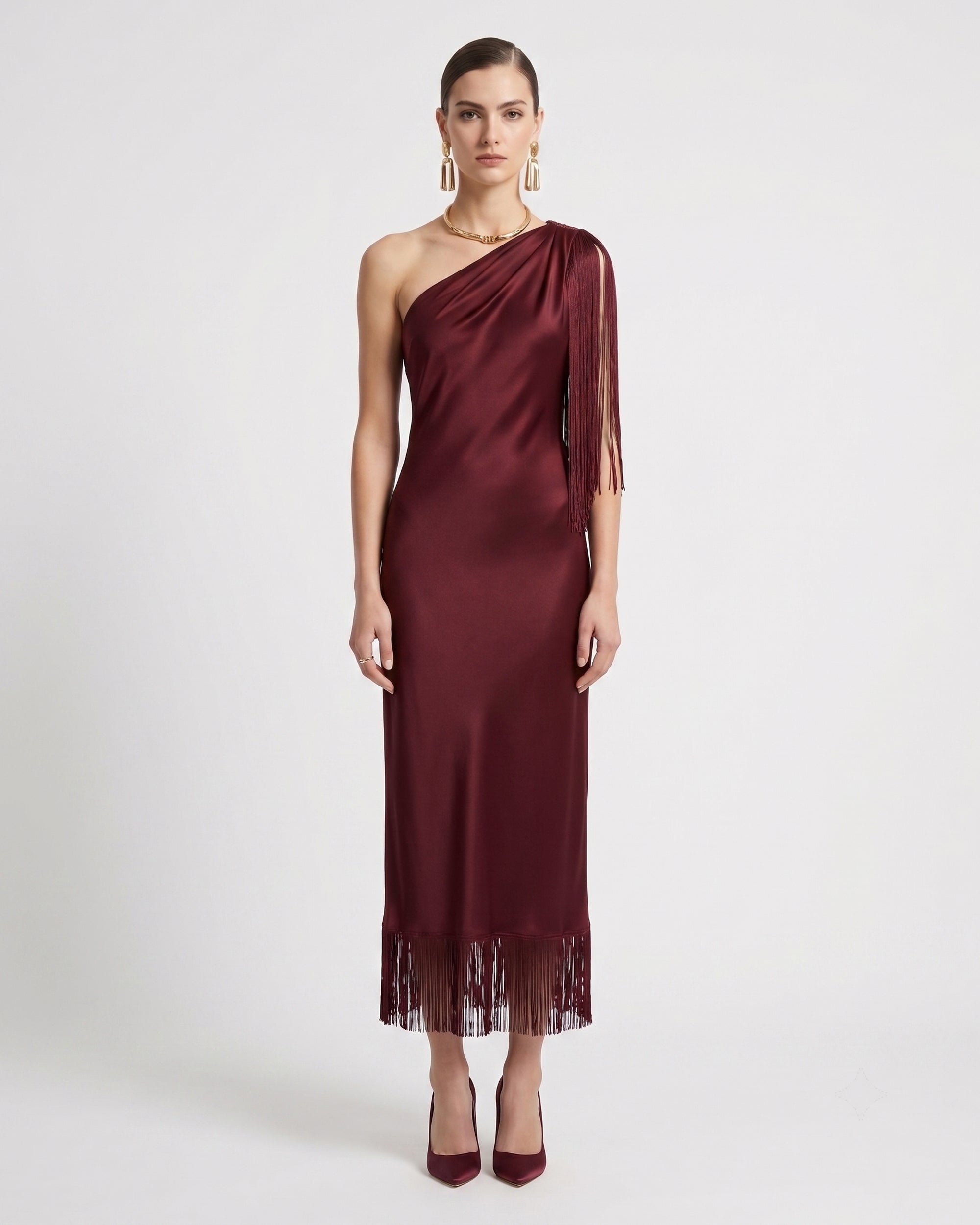 One Shoulder Fringe Midi Dress - Burgundy