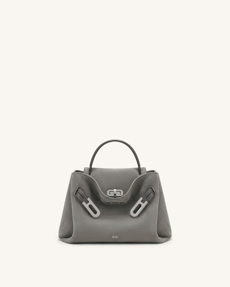 Rhea Small Faux Suede Double Buckle Shoulder Bag - Smoke Grey