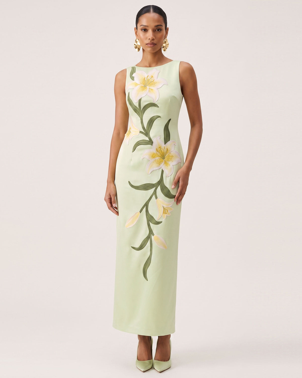 Lily Floral Print Sleeveless Column Maxi Dress - Pistachio Green