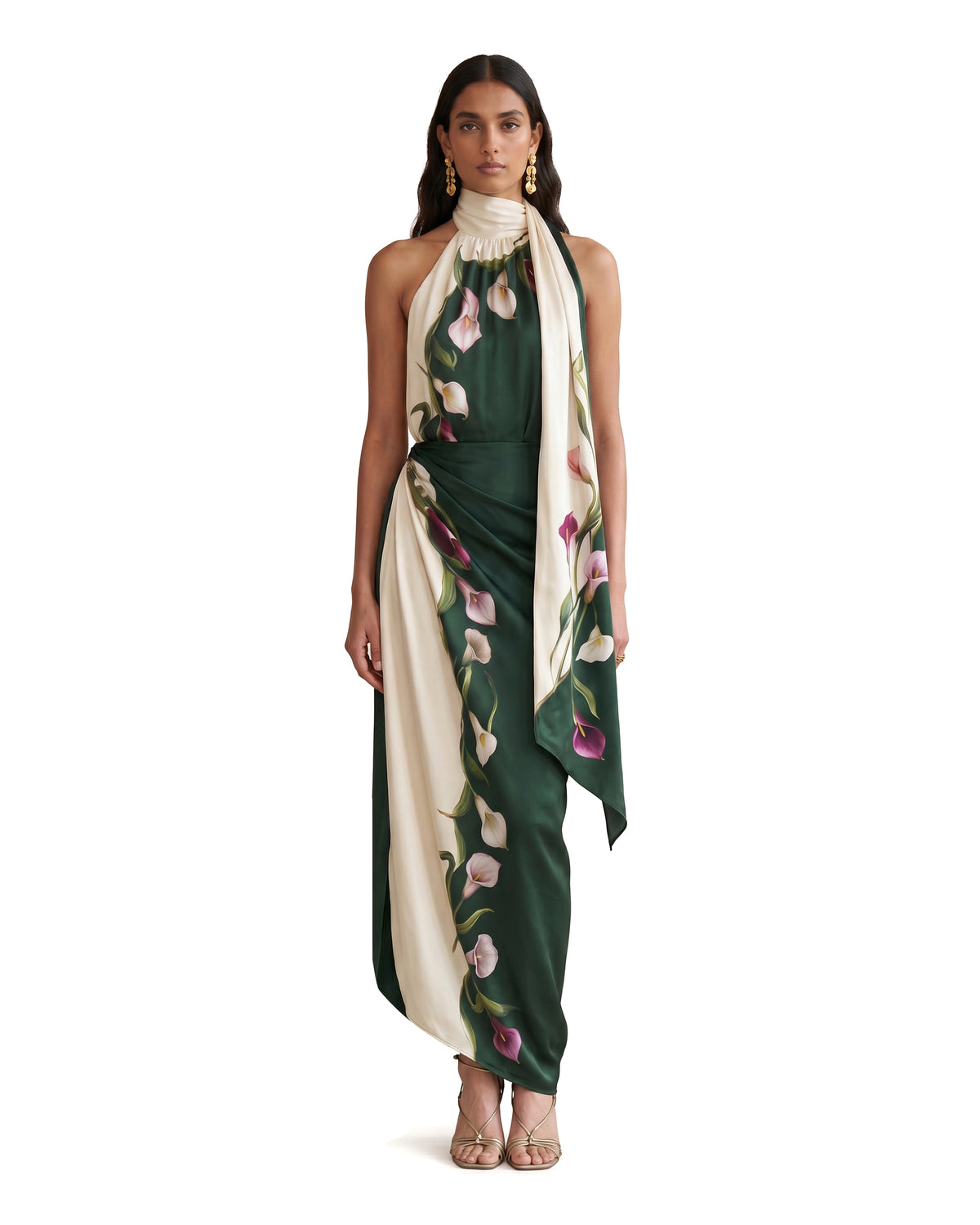 Calla Lily Printed Halter Satin Draped Maxi Dress - Emerald Green