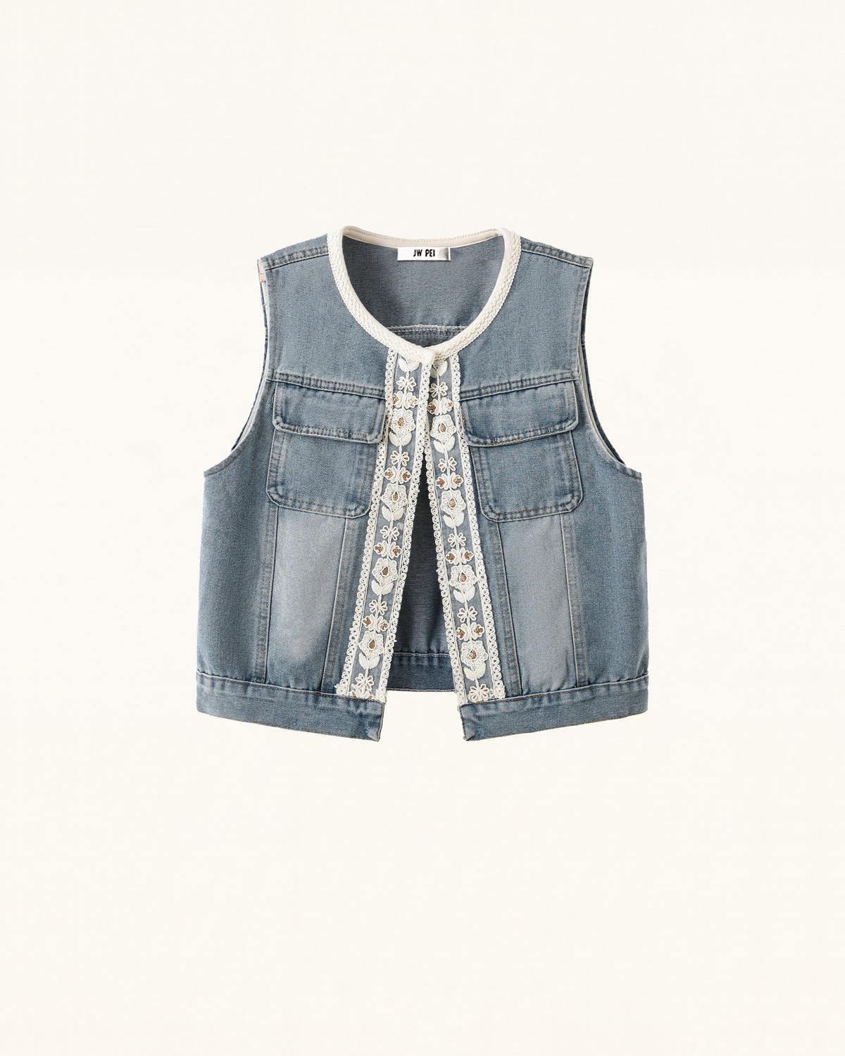 Bohemian Lace Trimmed Denim Vest - Light Wash