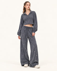 Scattered Pearl Rhinestone Drawstring Sweatpants - Washed Slate