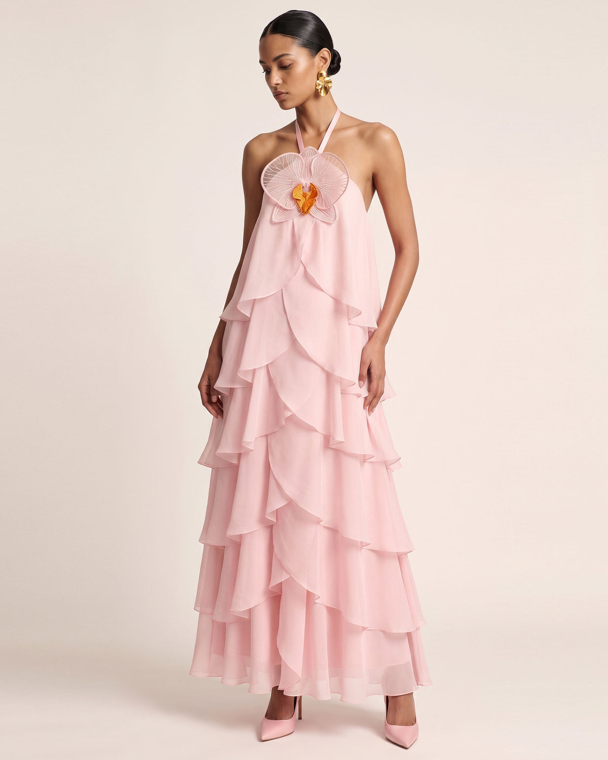 Orchid Embroidered Halter Layered Ruffle Maxi Dress - Blush Pink