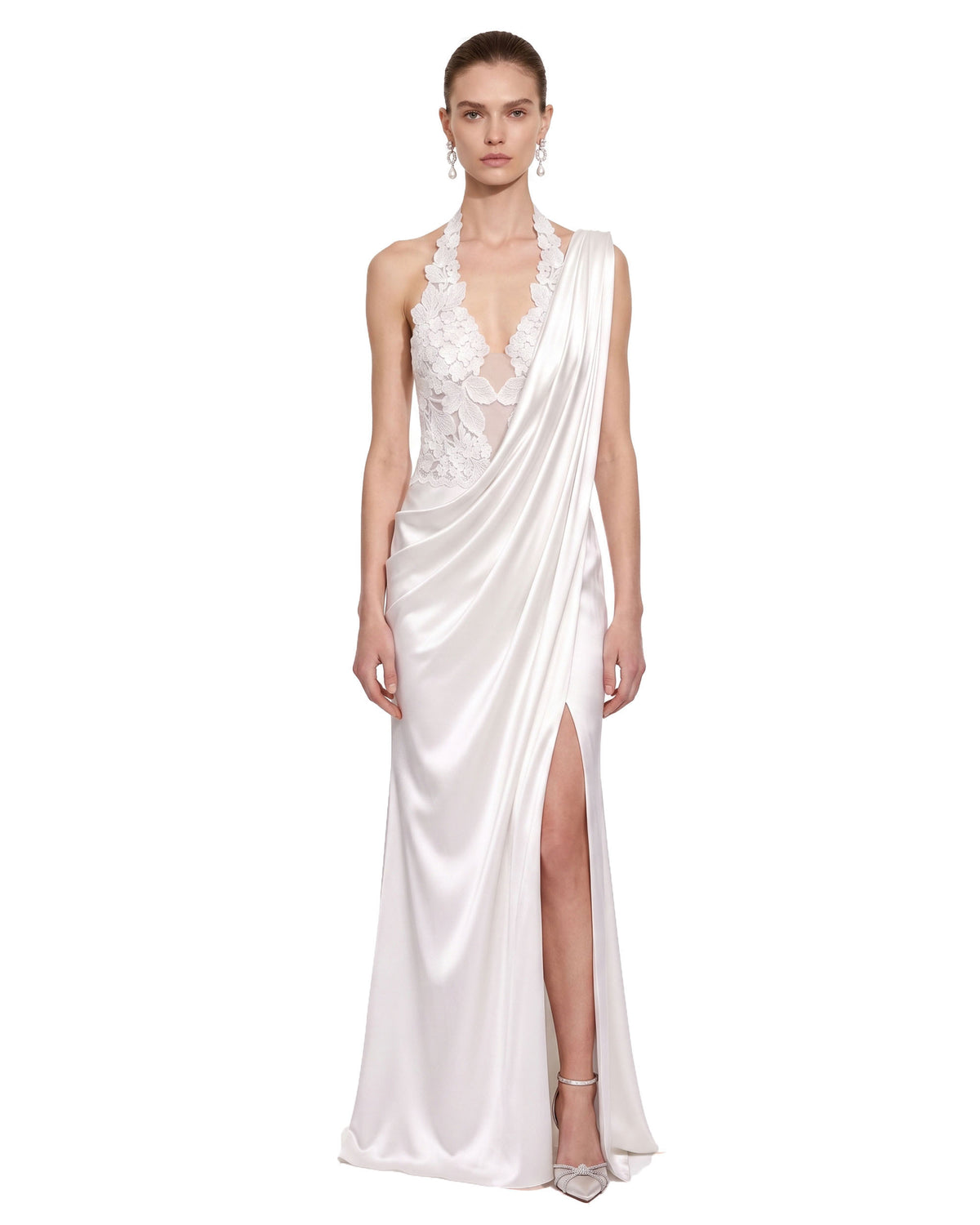 Floral Lace Draped One-Shoulder Slit Maxi Dress - White