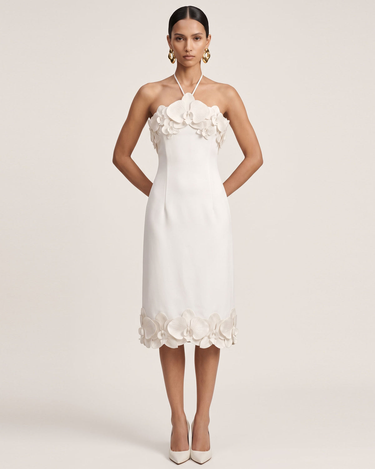 Orchid Embroidered Halter Midi Dress - White