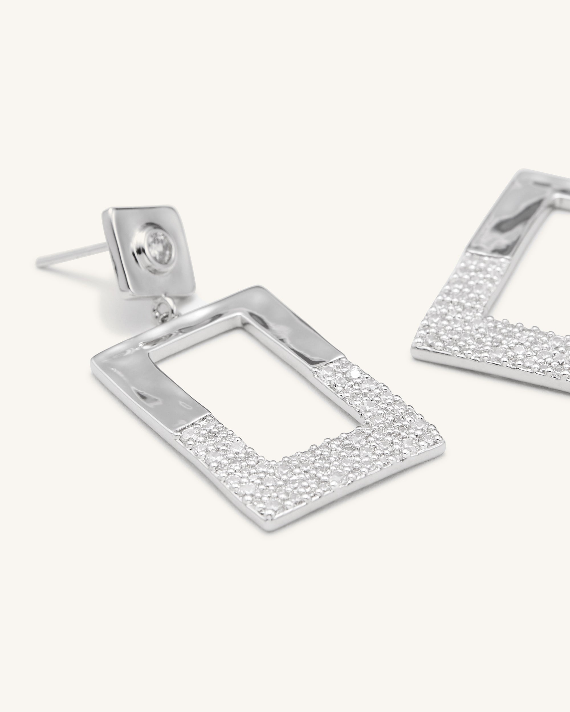 Geometrical Openwork Rectangle Earrings - 18ct White Gold Plated & White Zircon