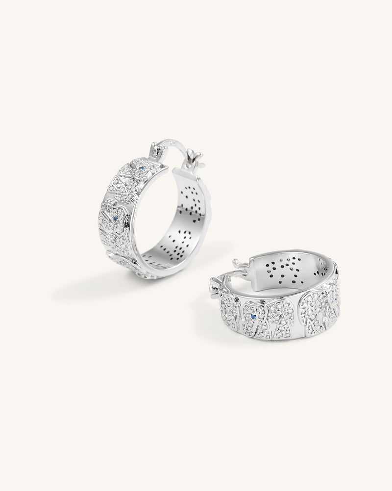 Elephant Earrings - 18ct White Gold Plated & White Zircon & Blue Spinel