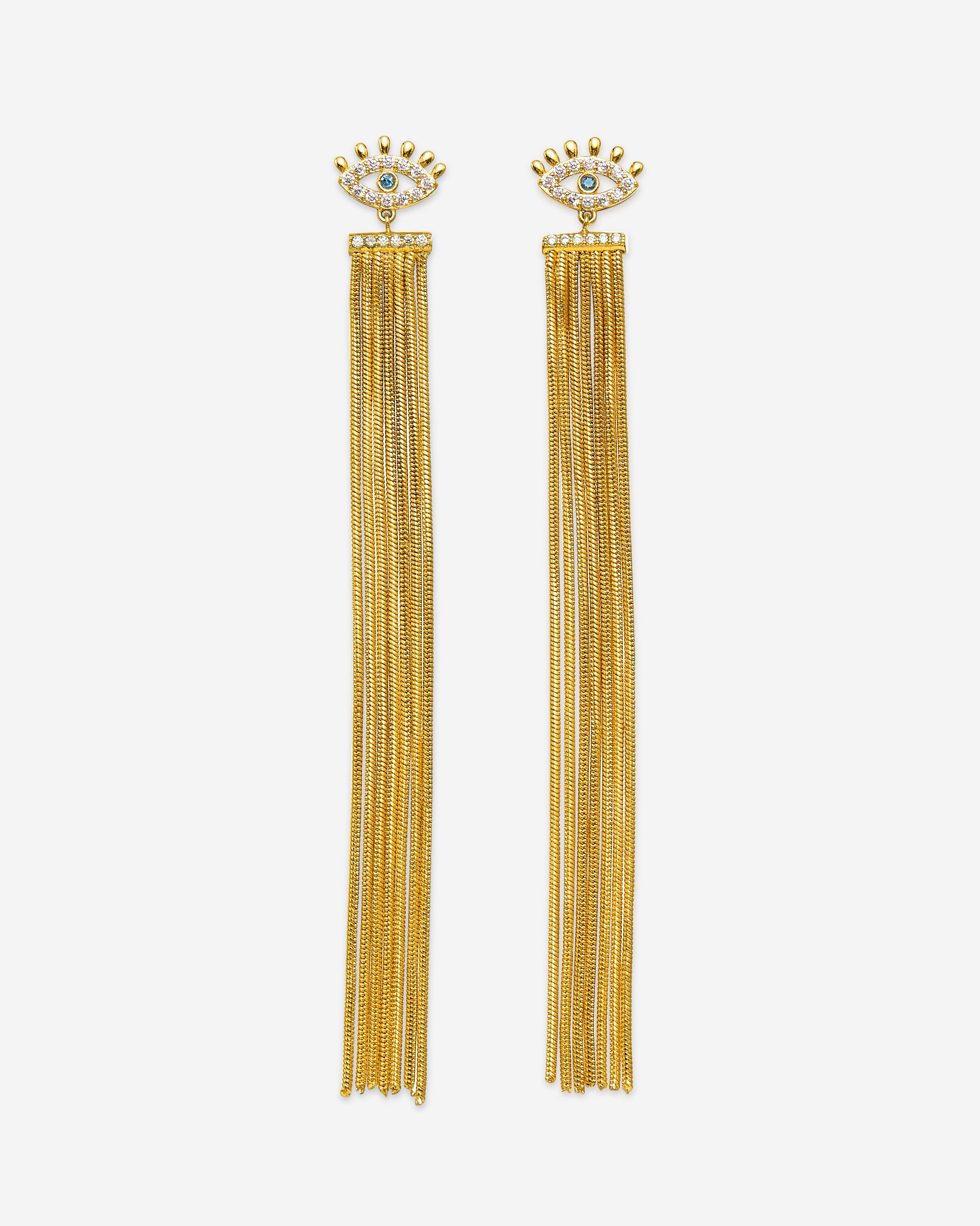 Magic Eye Tassel Earrings - 18ct Gold Plated & White Zircon & Sea Blue Zircon