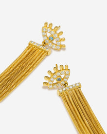 Magic Eye Tassel Earrings - 18ct Gold Plated & White Zircon & Sea Blue Zircon