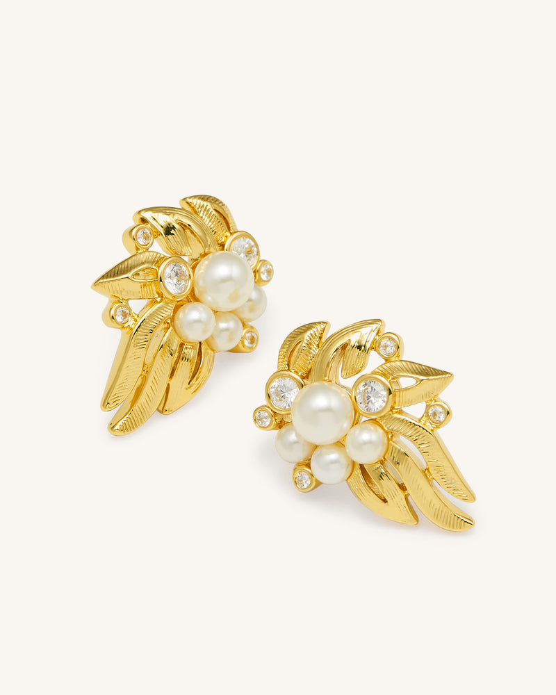 Flowers Earings - 18ct Gold Plated & White Zircon & Faux Pearls